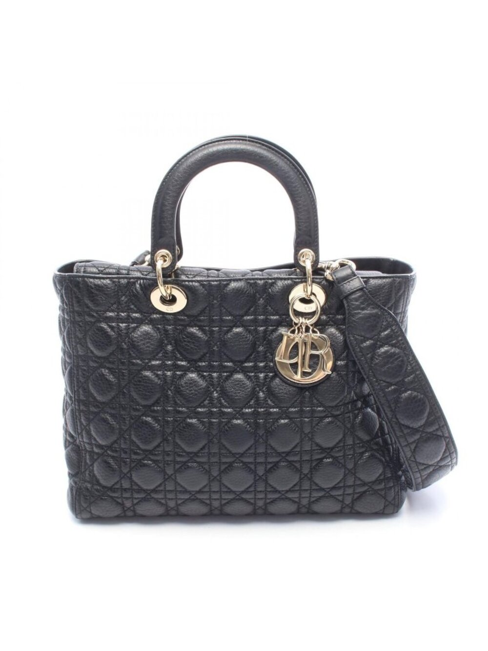 Dior Handbag Lady Dior 2-Way Black Leather Tote Large